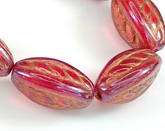 Twisted Oval Ruby Red with Pink Luster and Copper Wash, 15x9mm, Czech Beads, 10 Pieces