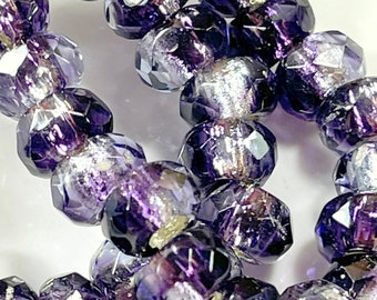 Rondelle Faceted Beads, Purple w/Silver Lining, 9x6mm w/3mm Hole, Pony Beads, Roller Beads, Czech Glass Beads, 10  Pieces, 17