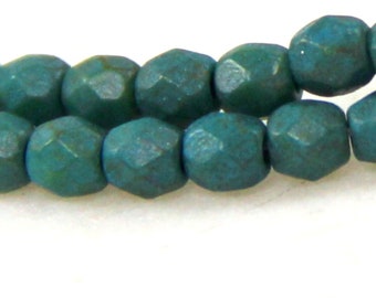 Round 3mm Faceted Beads, Blue Green w/ Picasso Etched Finsih, Small Spacer Beads, 50 Pieces