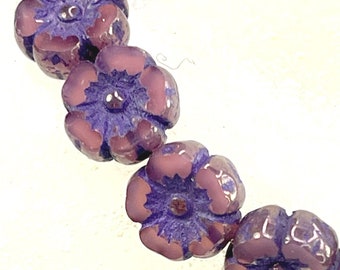 Hawaiian Hibiscus Flower Beads,Thistle w/Bronze Finish And Purple Wash, Preciosa Czech Glass Beads, 9mm,  16 Pieces