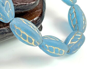 Twisted Oval Beads, Sky Blue w/Matte Finish and Gold Wash., 15x9mm, Czech Beads, 10 Pieces