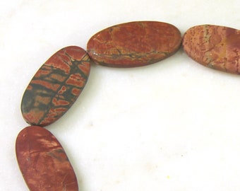 Red Creek Jasper Oval Gem Stone Beads, 30x15mm, Matte Finish, Gem Stone Beads, 7 Pieces