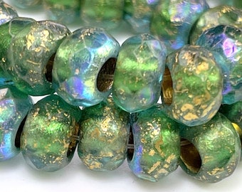 Rondelle, Roller, Pony Beads, 9x6mm w/3mm Hole, Green And Sky Blue w/Gold Wash And AB Etched Finish,  Large Hole Beads, Czech, 92