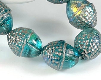 Fancy 12mm. Acorn Beads, Transparent Teal w/AB Finish, w/Metallic Silver Wash, 8 beads