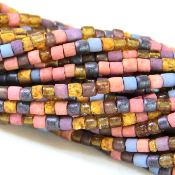 6/0 Aged Pink Medley Bugle Tube Mix Beads,  Boho Seed Beads, 4 - 4.5mm. Seed Beads, Matte and Glossy Picasso Finish, Preciosa Czech Beads
