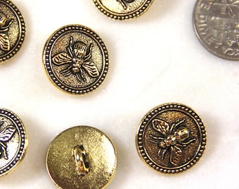 TierraCast Bee  Buttons, 15mm, Metal Shank Buttons, Leather Findings, Antiqued 22k Gold Plated Lead Free Pewter