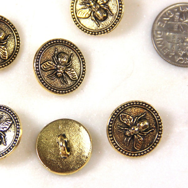 TierraCast Bee  Buttons, 15mm, Metal Shank Buttons, Leather Findings, Antiqued 22k Gold Plated Lead Free Pewter