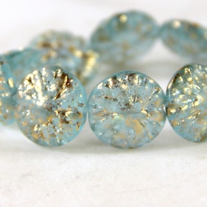 Dahlia Flower Coin Beads, 14mm, Teal Blue  w/Gold Wash, Czech Beads, Accent Beads, Spacer Beads, Side Drilled Beads, 10 Pieces