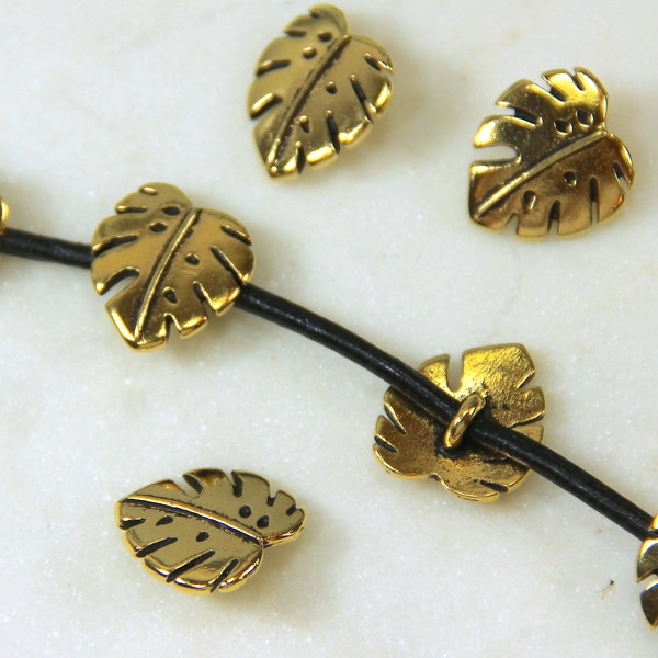 TierraCast, Gold Plated Monstera Leaf Metal Shank Buttons, 15x2mm, 2mm Hole, Cadmium and Lead Free, Antique Gold