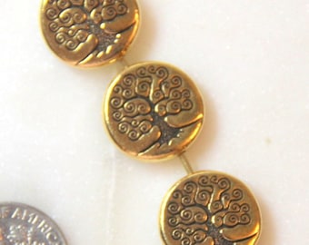 TierraCast Round Puffed Tree Of Life Beads,  15mm. Beads, Double Sided, Jewelry Findings, 15 mm Beads, Antique Gold Plated