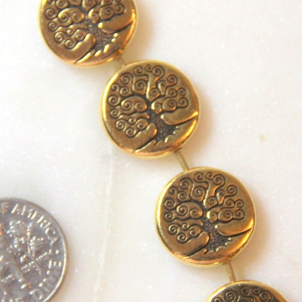 TierraCast Round Puffed Tree Of Life Beads,  15mm. Beads, Double Sided, Jewelry Findings, 15 mm Beads, Antique Gold Plated