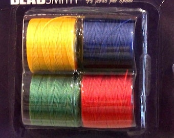S-LON, "PRIMARY", Bead Cord, 4 Color Mix, Kumihimo Cording, Extra Heavy #18 Twisted Nylon Cord, 77 Yards Each Spool, 308 Total Yardage