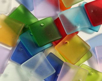 Large Centered Drilled Squares Pendant Bead With Frosted Matte Sea Glass Finish, You Pick Color, 22mm X 22mm, 2 Piece