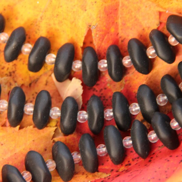 Ruffle Beads, 5 X 14mm, Jet Black With Frosted Matte Sea Glass Finish, Cultured Sea Glass, Button Spacer Beads, 10 Pieces