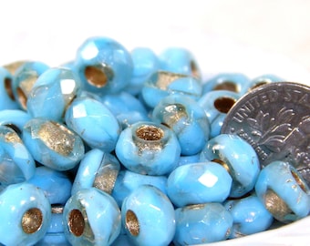 Rondelle, Roller, Pony Beads, 9x6mm w/3mm Hole, Sky Blue w/ Gold  Lining, Large Hole Beads, Czech Beads, 10 Pieces, 229