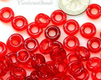 Donut Ring Beads, 9mm w/4mm Hole, Siam Red w/Gloss Finish, Large Hole Beads, Accent Beads, Spacer Beads, Preciosa Czech Beads,  20 Beads