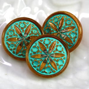 18mm Spiral Flower Button, Gold w/Tiffany Blue Wash, Czech Glass Hand Made Button, 1 Piece