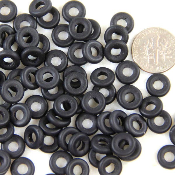 Preciosa Donut Ring Beads, 9mm w/4mm Hole, Jet black w/Matte, Frosted, Sea Glass Finish Large Hole Beads, Czech Beads,  20 Beads