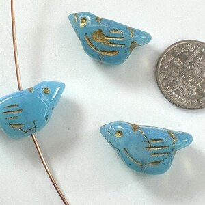 Bird Beads, Sky Blue w/Gold Wash w/Mate Finish 22x12mm, Vertically Drilled, Czech Beads