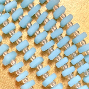 Square Spacer Beads, 8x9mm, Opaque Blue Opal w/ Frosted Matte Sea Glass Finish,  25 Pieces