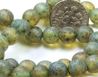 Round Glass Druk Beads, 8mm, Honey Yellow w/Picasso Finish And Turquoise Wash,   Czech Glass Beads, 20 Pieces
