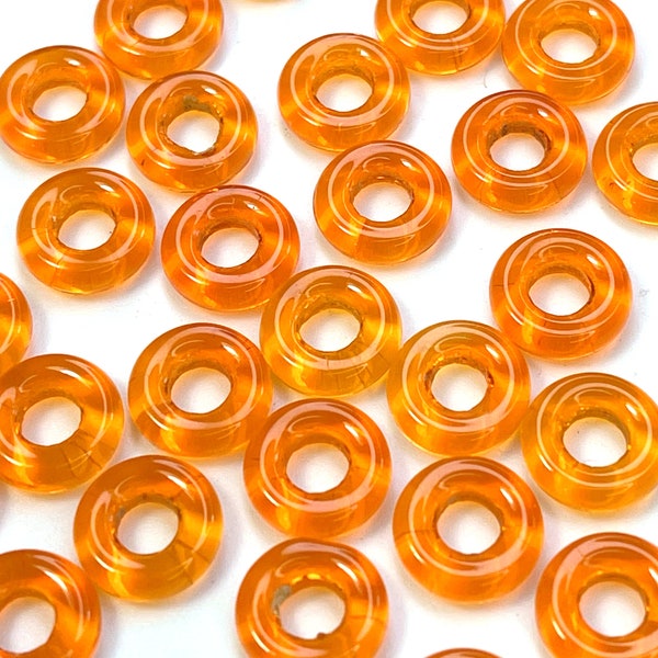 Donut Ring Beads, 9mm w/4mm Hole,  Hyacinth Orange w/Shiny Glass Finish, Large Hole Beads, Preciosa Czech Beads,  20 Beads