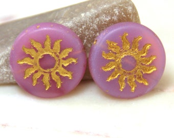 Sun Coin Beads, 22 mm., Focal Bead, Rosewood Purple w/Gold  Wash, Vertical Drilled, Premium Czech Glass Beads, 201