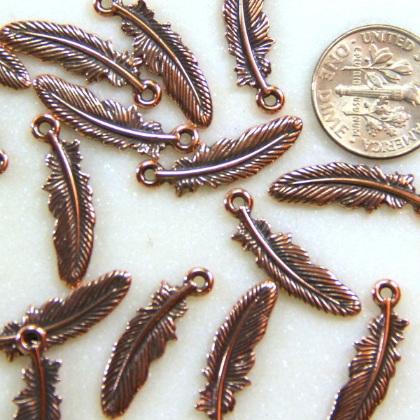 Small Feather Drop Charms, TierraCast Double Sided Charms, Feathers, Antiqued Copper, 4 Pieces