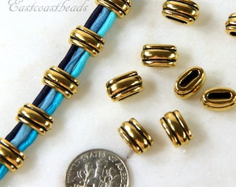 TierraCast Crimp Beads, Deco Slide Beads, Leather Findings, 6x2mm Medium Barrel Beads, Antiqued Gold Plated Pewter, 4 pieces