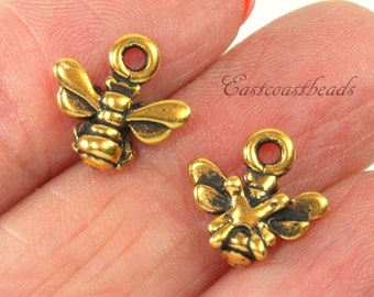 TierraCast Small Honey Bee Charms, Double Sided Charms, Drops, Antique GoldPlated Lead Free Pewter, 4 Pieces
