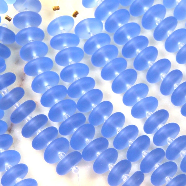 Rondelle Beads, 12x4mm, Light Sapphire With Frosted Matte Finish, Cultured Sea Glass, 14 beads Per Strand