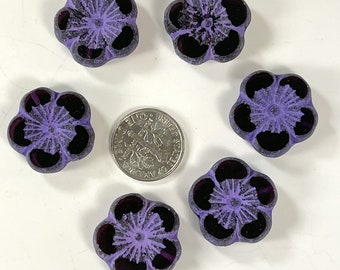 Large Hibiscus Flower Beads, Focal Bead, Purple w/Etched Finish, Czech Table Cut Glass Beads, 22mm. Beads, 3 Pieces