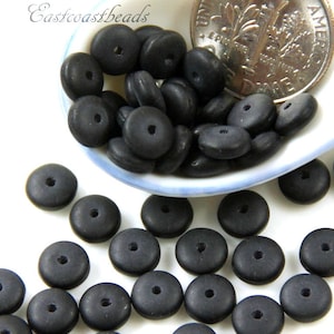 Coin Beads, 6mm, Black, Jet Black w/Matte Finish, Petite Flat Spacer, Heishi, Discs, Czech Glass, 6 mm, Center Drilled Beads, 50 Pieces