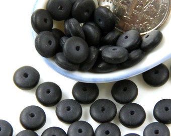 Coin Beads, 6mm, Black, Jet Black w/Matte Finish, Petite Flat Spacer, Heishi, Discs, Czech Glass, 6 mm, Center Drilled Beads, 50 Pieces