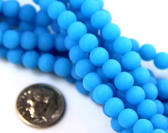 50 Frosted Sea Glass Round Beads – Cobalt Blue, 6mm, Matte Finish, 1mm Hole For Jewelry Making