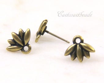 Lotus  Earring Posts, TierraCast, Antiqued Brass Plated Pewter, Earring Findings Hypoallergenic Titanium Posts, 4 Pieces