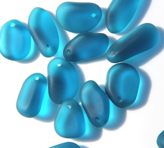 Large Pebble Nugget Pendant Beads, Pacific Blue With Frosted Matte Sea Glass Finish, (15-35mm) Cultured Sea Glass, Beach Glass, 5 pieces