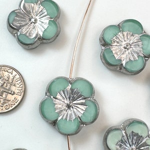 Large Hibiscus Flower Beads, Focal Bead, Mint Blue w/Silver Finish, Czech Table Cut Glass Beads, 21mm.,  2 Beads