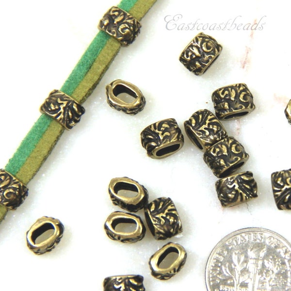 TierraCast Jardin Barrel Pinch Beads, Dulce Vida Collection, Barrel Beads, Antiqued Brass, Leather Findings, 2 pieces