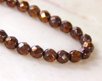 Faceted Round Czech Beads, Opaque Orange, Metallic Rust w/Gloss Finish, 6mm, 25 Pieces