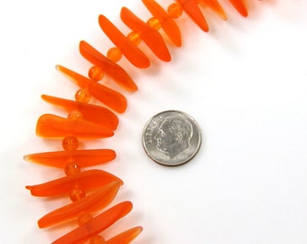 Fish Bone Beads, 4-6x20x30, Tangerine Orange, Centered drilled, Frosted Matte Sea Glass Style Finish, 20 pcs