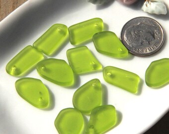 Flat Free Formed MINI Pendant Beads, Olive Green With Frosted Matte Sea Glass Finish, About 15-10mm, 6 Pieces