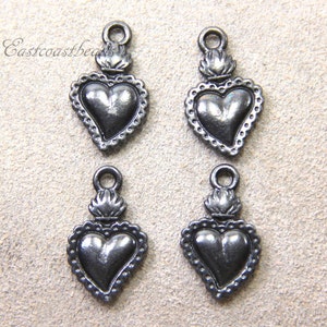 Milagro Charms, Milagro Heart, TierraCast Charms,  Milagro Charm, Burning Heart Charms, Antiqued Black Pewter, 4 Pieces