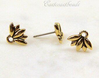 TierraCast Lotus  Earring Posts, Antiqued Gold Plated Pewter, Earring Findings Hypoallergenic Titanium Posts, 4 Pieces