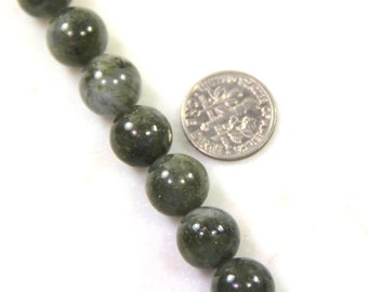 12mm. Round Labradorite Gemstone Beads, Gray-Black Color, 11 Pieces
