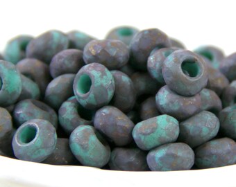 Rondelle, Roller, Pony Beads, 9x6mm w/3mm Hole, Tiffany Green and Charcoal Grey w/Etched Finish, Large Hole Beads, Czech, 213
