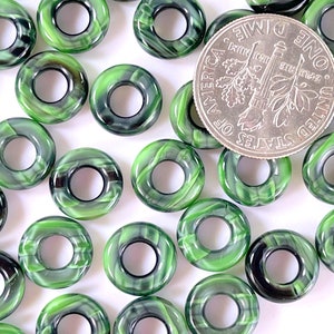 Donut Ring Beads, 9mm w/4mm Hole, Green Swirl, Large Hole Beads, Accent Beads, Spacer Beads, Czech Beads