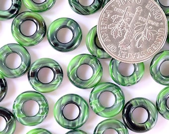 Donut Ring Beads, 9mm w/4mm Hole, Green Swirl, Large Hole Beads, Accent Beads, Spacer Beads, Czech Beads, w-20