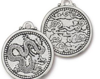 TierraCast Dragon Pendant Charms, Double Sided, From The Jade Collection, Antiqued Fine Silver Plate Pewter 2 Pieces