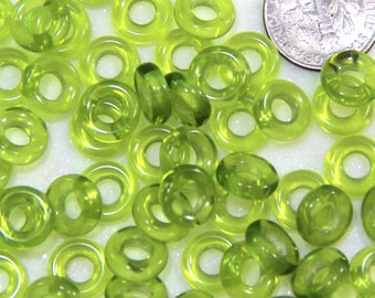 Donut Ring Beads, 9mm w/4mm Hole, Olivine Green  w/Shiny Glass Finish, Large Hole Beads, Preciosa Czech Beads,  20 Beads